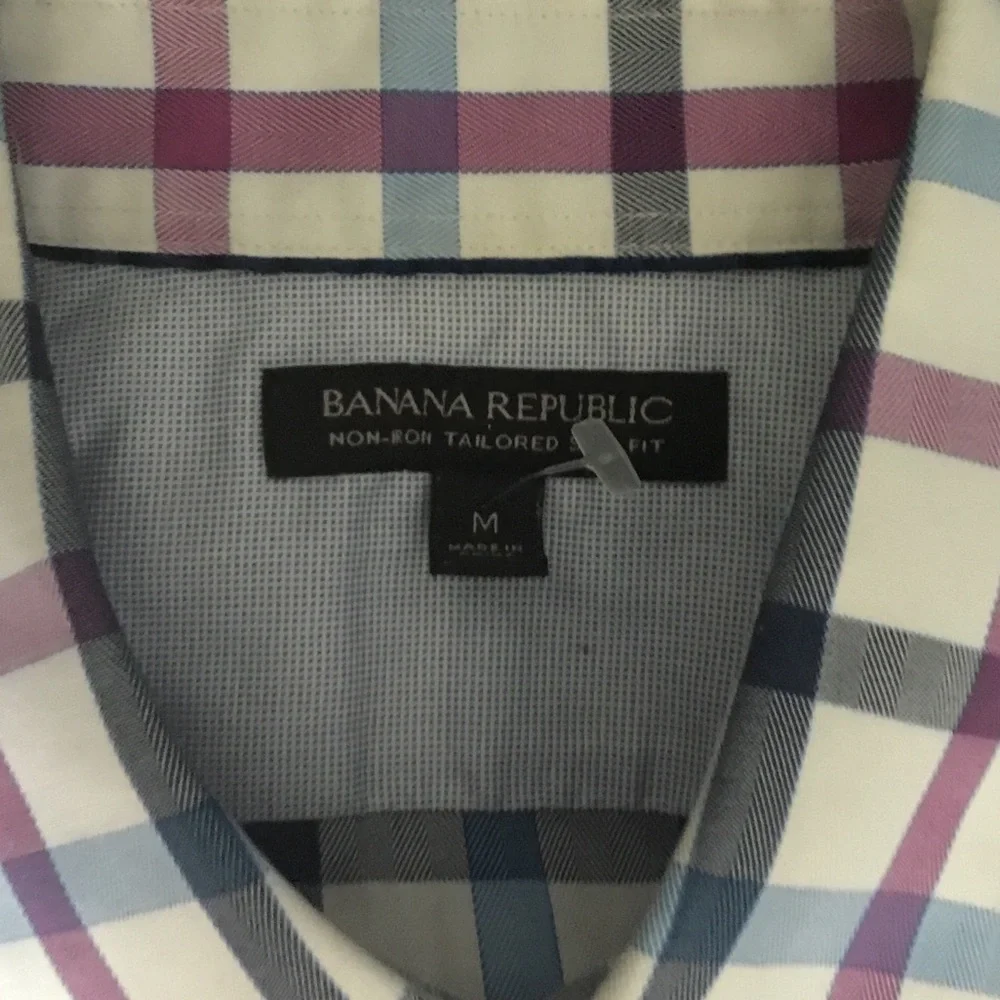 Banana Republic Men’s White Plaid Dress Shirt with Blue & Purple Checks